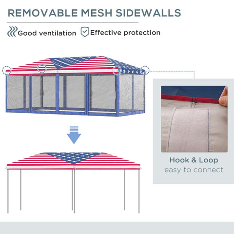 Patriotic 10x20 pop-up canopy tent with American flag pattern and removable mesh sidewalls for ventilation and protection.