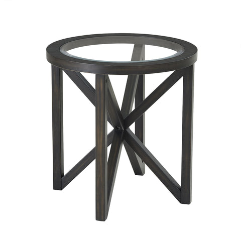 Modern simple glass coffee table with round tempered glass top and solid wood base in black finish