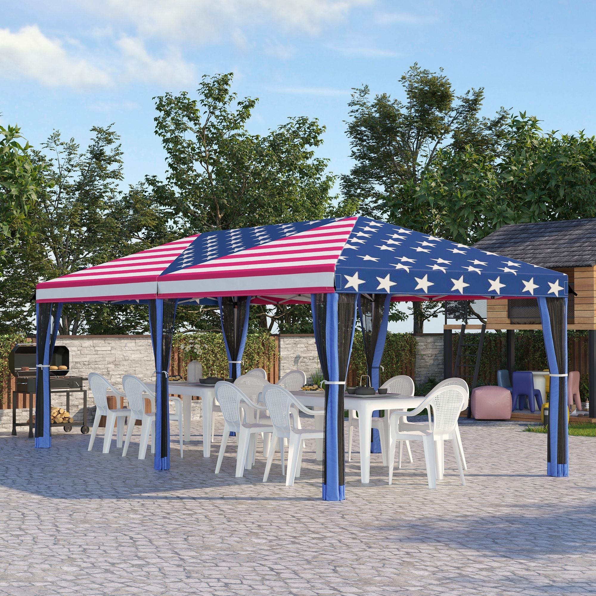 Patriotic 10x20 pop-up canopy tent with American flag design, mesh sidewalls, and outdoor seating setup