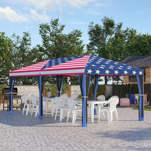Patriotic 10x20 pop-up canopy tent with American flag design, mesh sidewalls, and outdoor seating setup