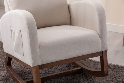 Beige COOLMORE Rocking Chair with wood legs, side pocket, and high back in a living room setting