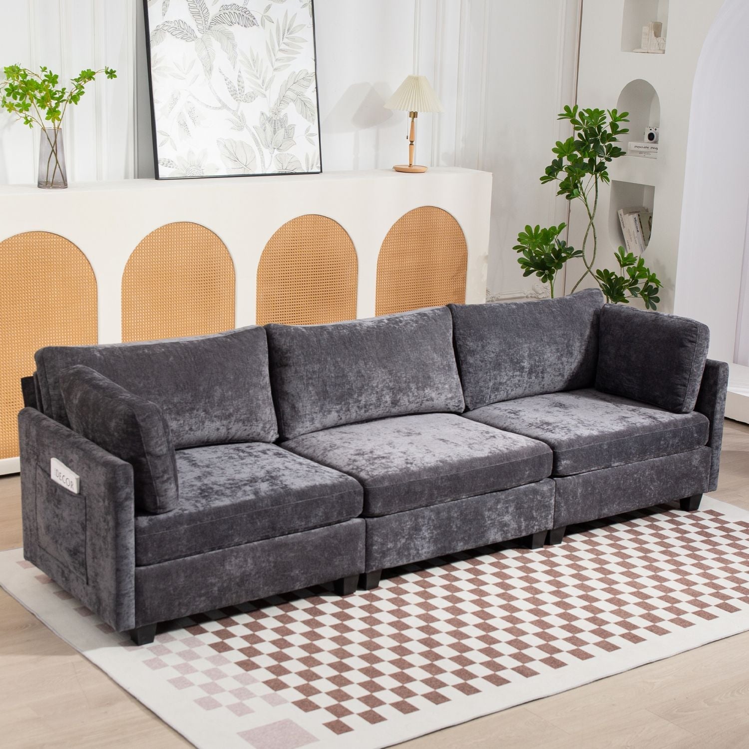 Ultra-soft dark grey XXXL chenille 3-seater sofa with plush cushions and side pocket for living room comfort
