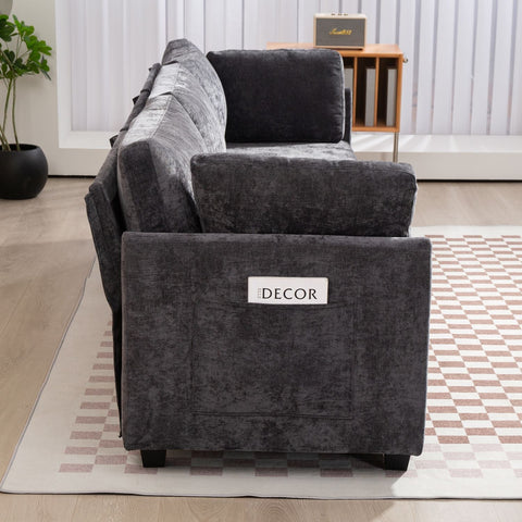 Ultra-soft dark grey XXXL chenille 3-seater sofa with plush cushions and side pocket in modern living room setting