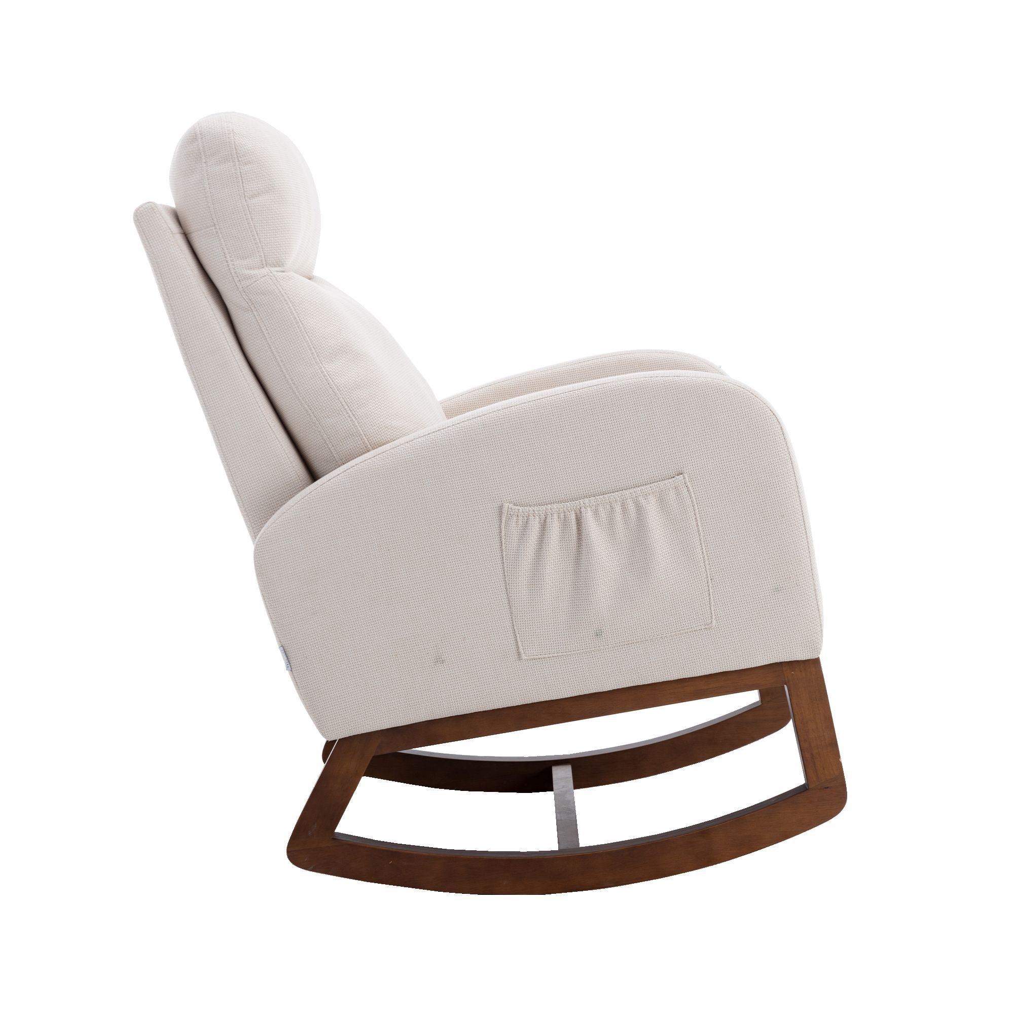 Beige COOLMORE Rocking Chair with wooden legs, high back, cushioned seat, and side pocket.