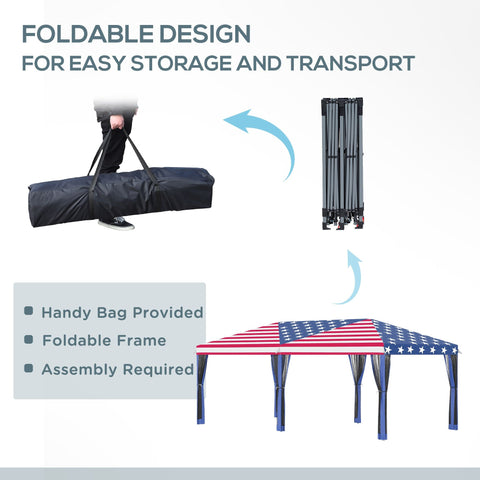 Patriotic 10x20 pop-up canopy tent with American flag design, foldable frame, and carrying bag for easy transport and storage.