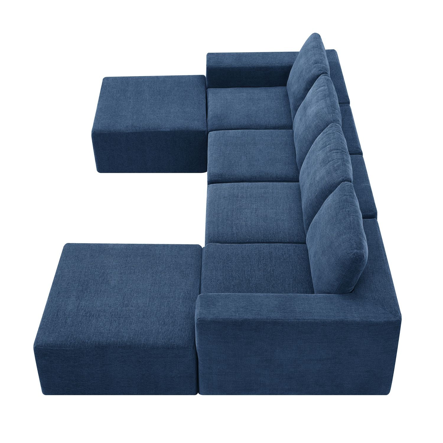 Navy blue luxury modular U-shape sectional sofa with chenille upholstery and matching ottomans