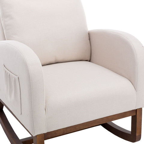 Beige COOLMORE rocking chair with wood legs, upholstered cushion, side pocket, and high back for living room or nursery seating