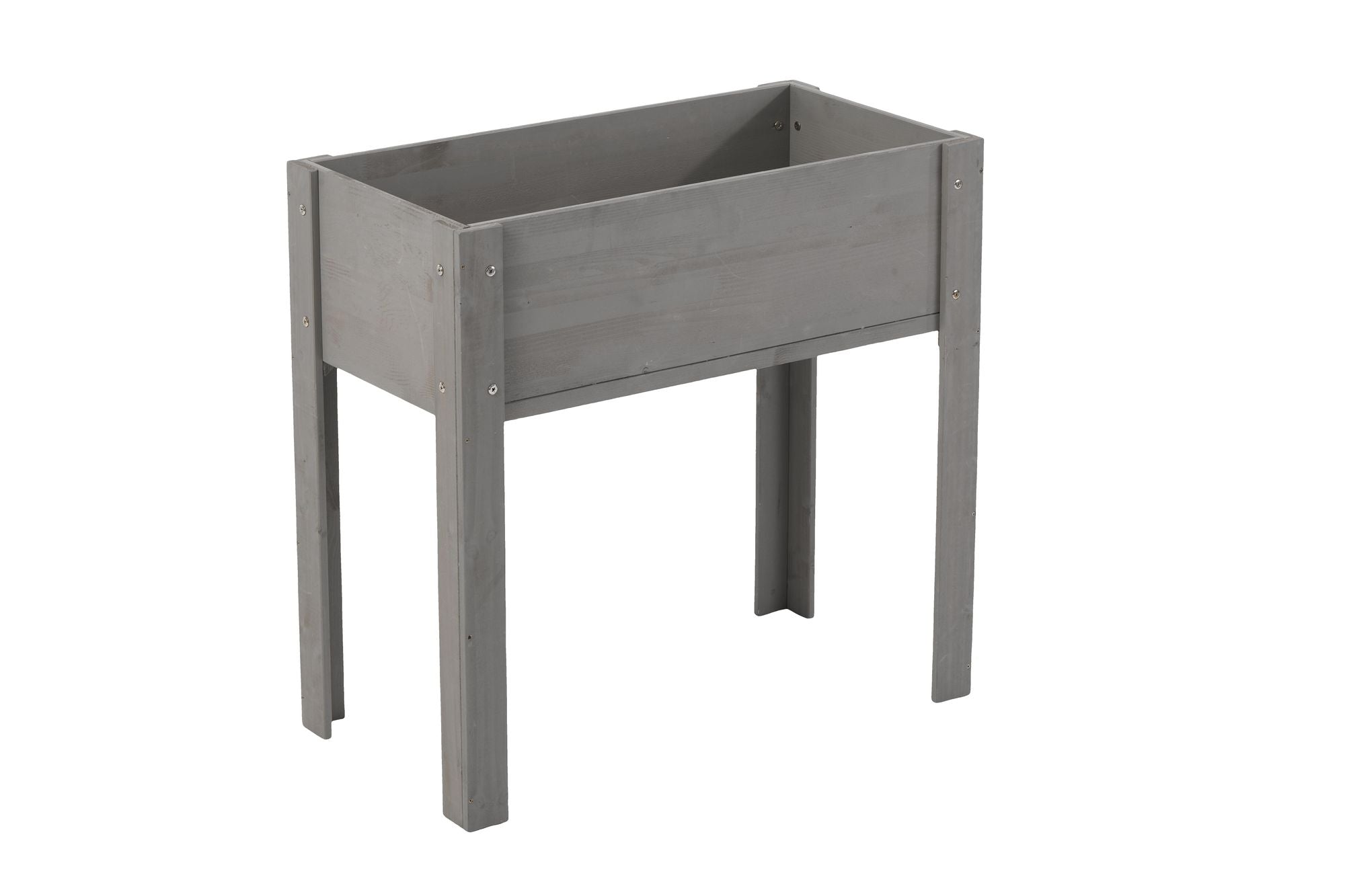 Grey 31x31x16 inch raised garden bed with legs, solid wood elevated planter box for outdoor plants and vegetables.