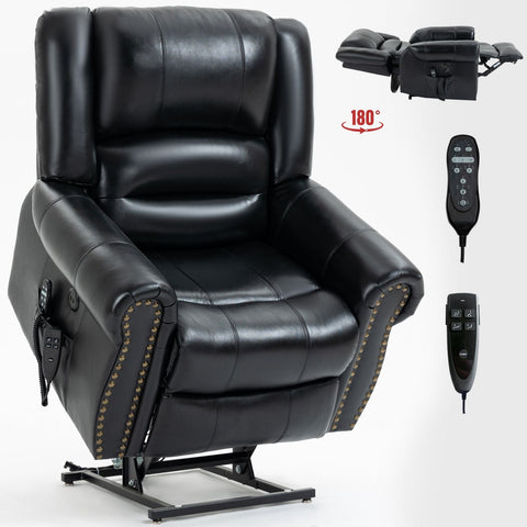Black genuine leather power lift recliner chair with dual motor, massage and heat functions, USB ports, and pillow top arms.