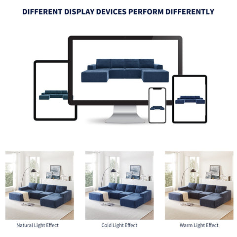 Navy blue luxury modular U-shaped chenille sectional sofa with ottomans, seating six, shown in different lighting effects and on various digital devices
