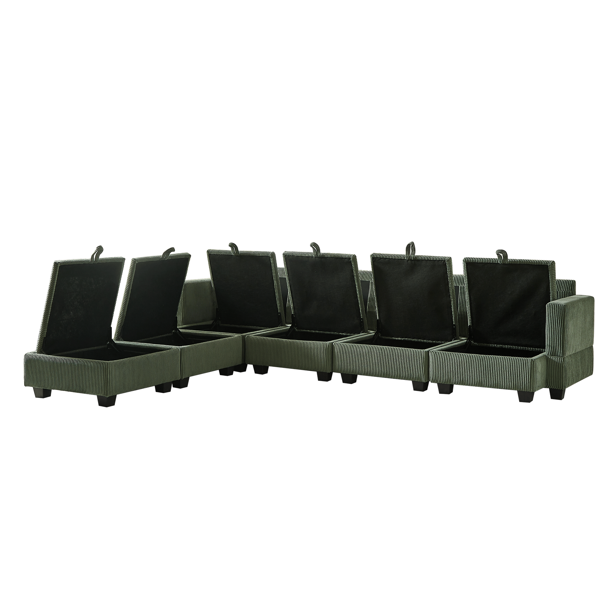 Green modular sectional sofa with six storage compartments open, corduroy fabric, U-shaped 6-seat convertible couch with ottoman and chaise.