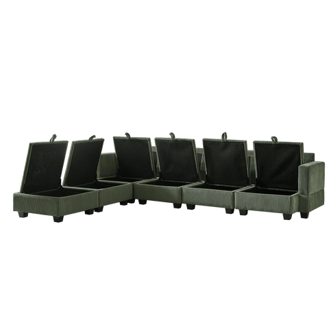 Green modular sectional sofa with six storage compartments open, corduroy fabric, U-shaped 6-seat convertible couch with ottoman and chaise.