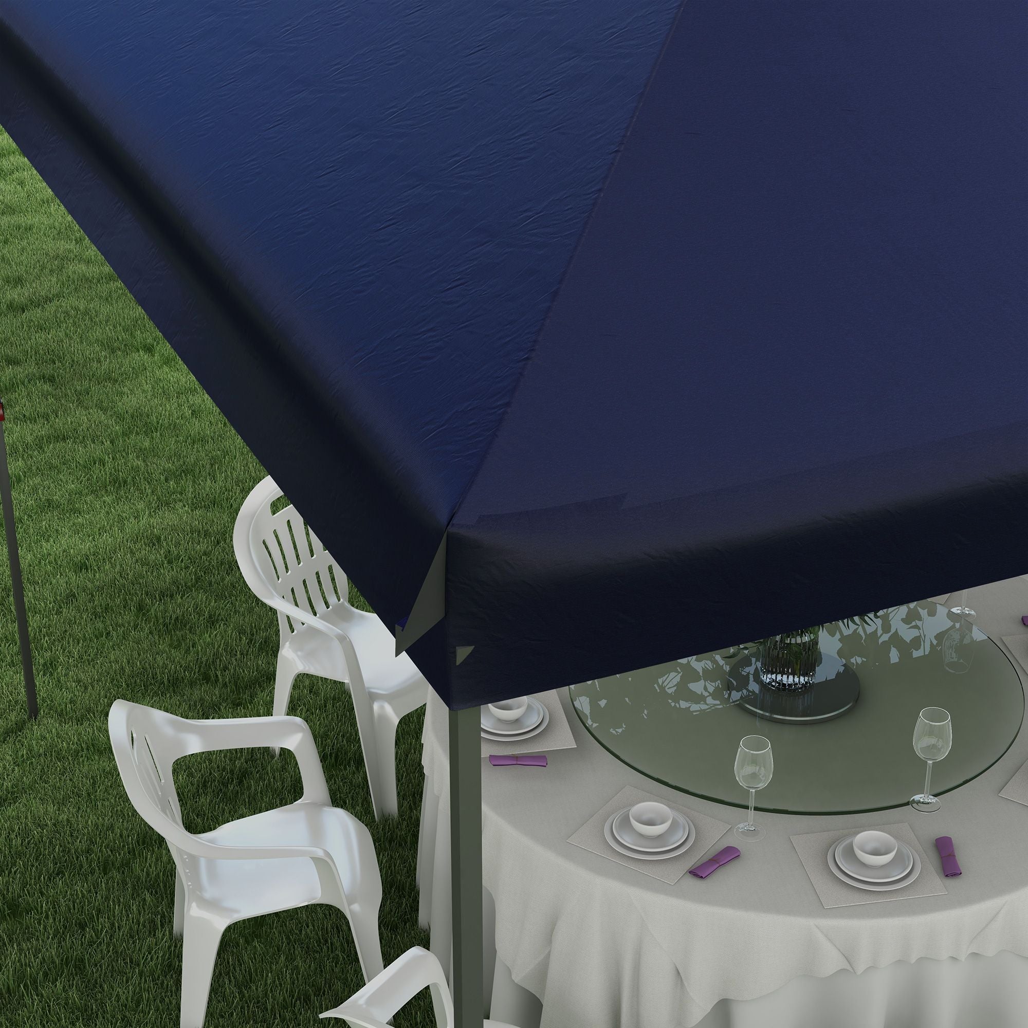 Blue Outsunny 10' x 19' pop up canopy tent with steel frame and adjustable legs set up over outdoor dining table and chairs on grass