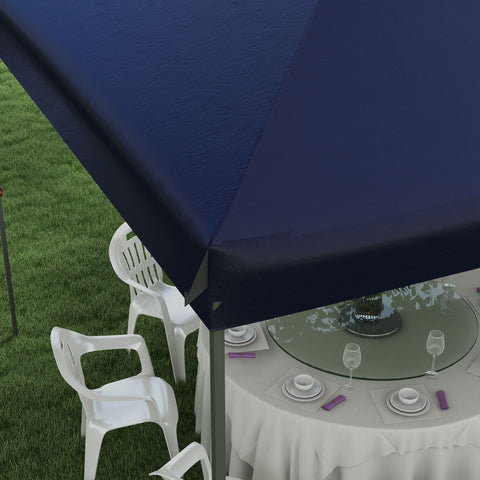 Blue Outsunny 10' x 19' pop up canopy tent with steel frame and adjustable legs set up over outdoor dining table and chairs on grass