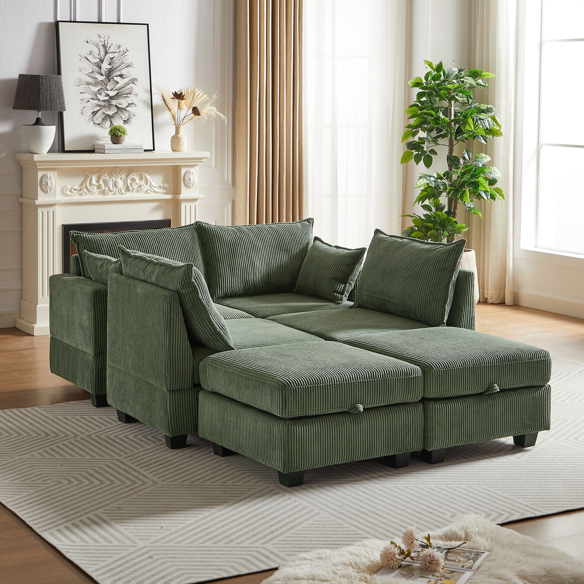 Green corduroy modular sectional sofa with storage ottoman, 6 seats, U-shaped design, and chaise in a living room setting