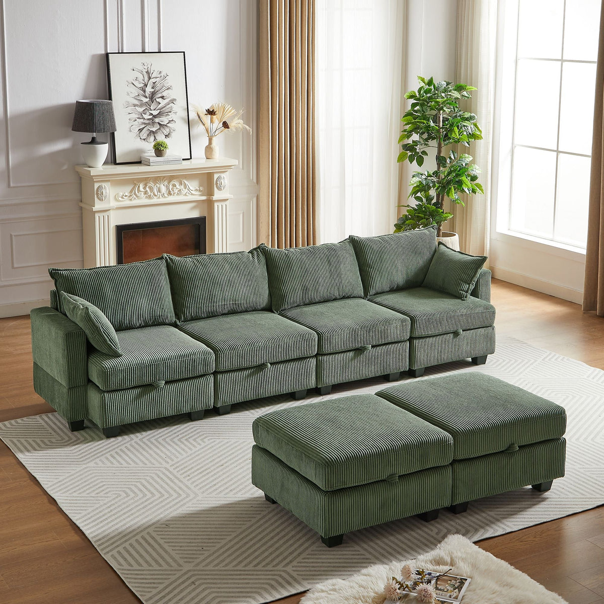 Green corduroy 6-seat modular sectional sofa with storage ottoman in bright living room