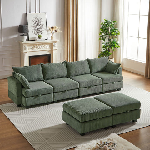 Green corduroy 6-seat modular sectional sofa with storage ottoman in bright living room