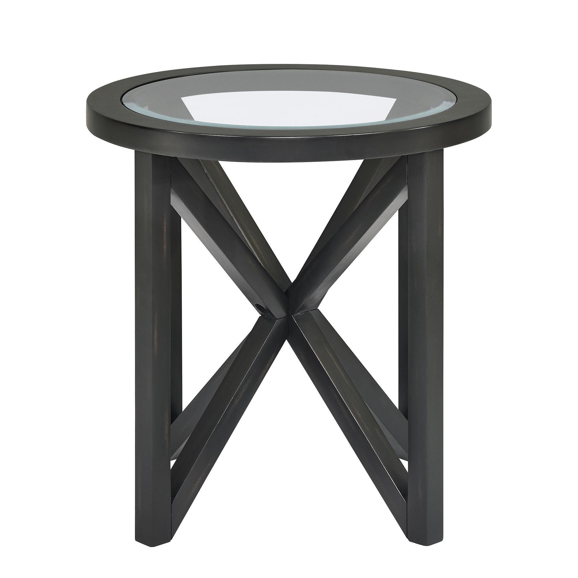 modern simple glass coffee table with round tempered glass top and solid black wood base