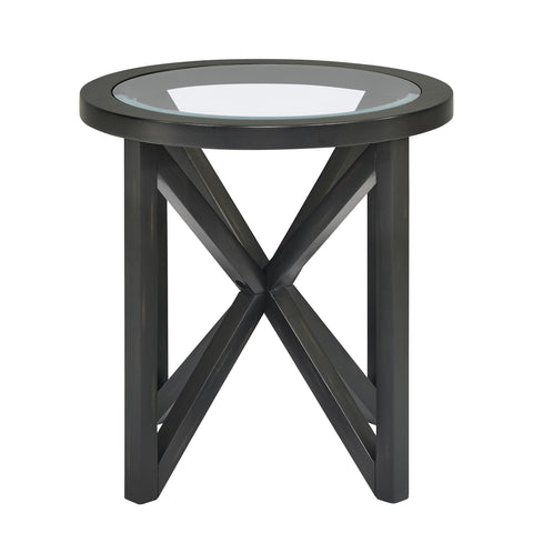 modern simple glass coffee table with round tempered glass top and solid black wood base