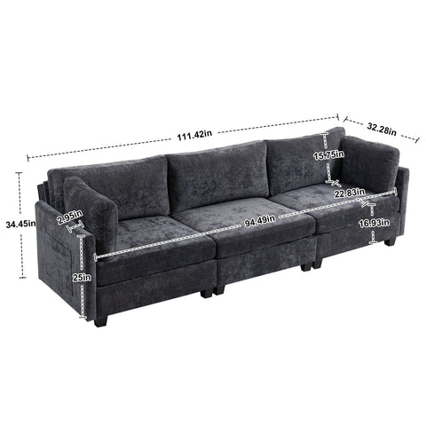 Dark grey ultra-soft XXXL 3-seater chenille sofa with plush cushions and side pocket, modern minimalist design with wooden frame and flared arms.